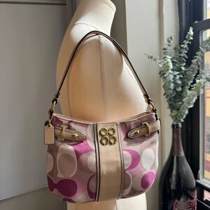 Coach Pink and Cream Signature Jacquard Shoulder Hobo